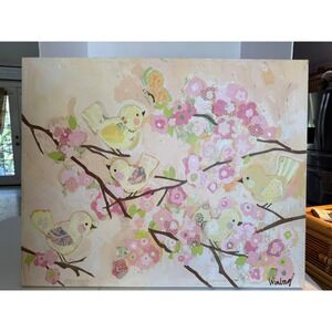 Sweet Bird & Floral Canvas Wall Art –‎ Soft Pastel Nursery or Playroom Decor